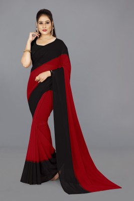 Anand Sarees Solid/Plain Daily Wear Georgette Saree(Red, Black)