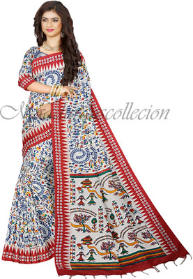 maadurga Printed Madhubani Cotton Blend Saree(White)