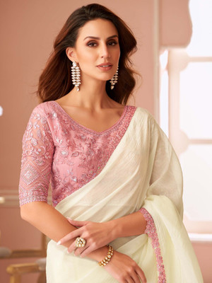 Sareemall Embellished Bollywood Chiffon Saree(Cream, Pink)