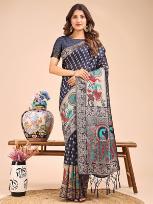 ASTITA Self Design Saree with Attached Blouse Cotton Linen Saree(Dark Blue)