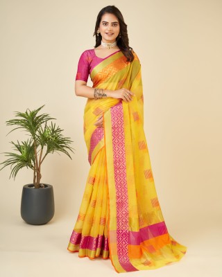 Upalksh Woven, Printed, Solid/Plain, Striped Banarasi Jacquard, Cotton Blend Saree(Yellow)