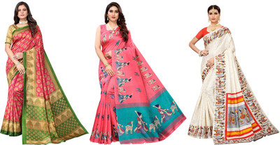 YASHIKA Printed Kasavu Art Silk Saree(Pack of 3, Pink, Cream)