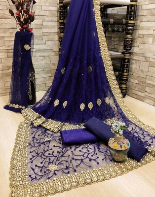 Zenomics Embroidered, Embellished Bollywood Net Saree(Blue)
