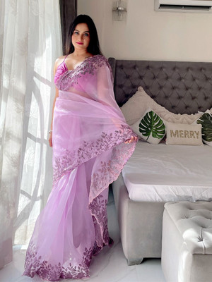 ANOUK Solid/Plain Chanderi Organza Saree(Pack of 2, Purple)