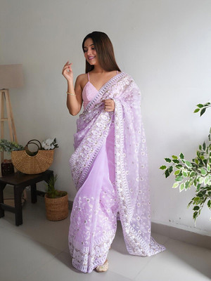 ANOUK Embroidered Saree with Attached Blouse Organza Saree(Purple)