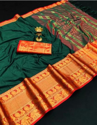 Mervadiya Woven Kanjivaram Pure Silk, Art Silk Saree(Green)