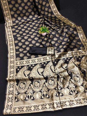 manat Self Design, Floral Print, Embellished, Woven, Applique Banarasi Art Silk Saree(Black)