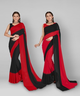 kashvi sarees Ombre, Striped, Dyed Bollywood Georgette Saree(Pack of 2, Red, Black)