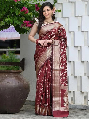 HouseOfCommon Woven Bollywood Pure Silk Saree(Maroon)
