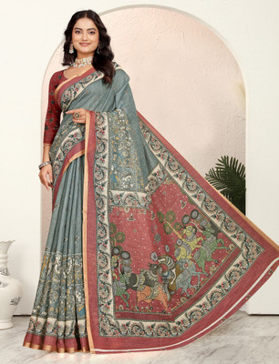 HouseOfCommon Woven Kanjivaram Pure Cotton, Cotton Linen Saree(Grey, Red)