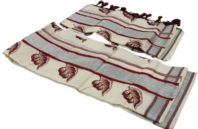 VKC SAREES Printed Kasavu Cotton Blend Saree(Maroon, White)