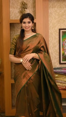 1ST STITCH FAB Woven, Embellished, Floral Print, Solid/Plain Kanjivaram Pure Silk, Art Silk Saree(Green)