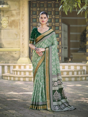 all about you Woven Daily Wear Silk Blend Saree(Green)