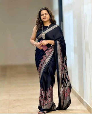 srikastbhanjan Woven, Paisley, Floral Print, Solid/Plain, Temple Border Bollywood Crepe Saree(Black)