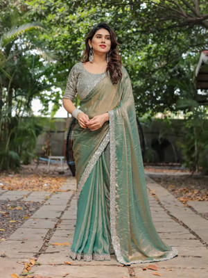HouseOfCommon Embellished Bollywood Organza, Chiffon Saree(Green)