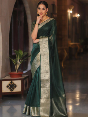 PeachPetals Solid/Plain Bollywood Organza Saree(Green)