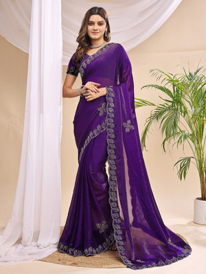Dream Clouds Solid/Plain Bollywood Chiffon Saree(Purple)
