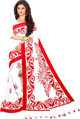 trogon Printed Handloom Pure Cotton Saree(White)