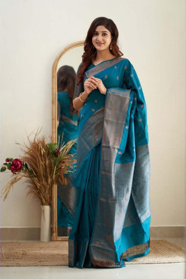 Kanjivaram Woven, Embroidered, Self Design Kanjivaram Pure Silk, Jacquard Saree(Blue)