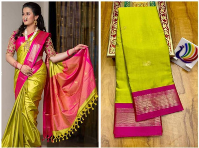 NST5 Woven Paithani Cotton Silk Saree(Pack of 2, Yellow)