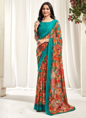 STYLEVEDA Printed Bollywood Georgette Saree(Orange, Green)