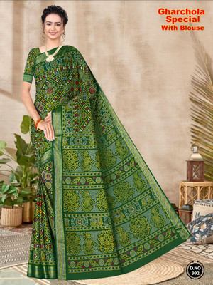 Ranagt designer studio Printed Bandhani Pure Cotton Saree(Green)