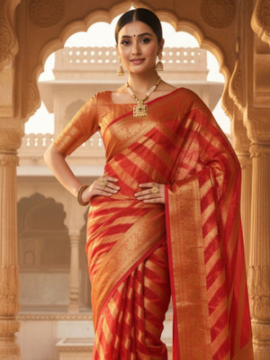all about you Woven Banarasi Organza Saree(Red)