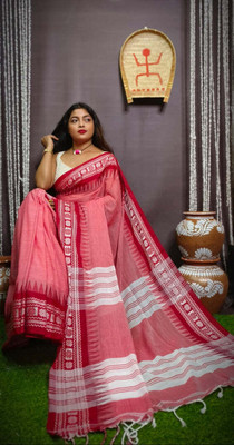 ADbutiq Printed Handloom Cotton Blend Saree(Grey)