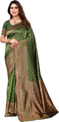 Moda Rapido Woven Kanjivaram Jacquard Saree(Green, Gold)
