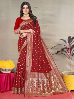 Pervas Woven Kanjivaram Silk Blend, Cotton Silk Saree(Red)