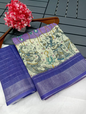 Saaransh Floral Print Kanjivaram Linen, Cotton Silk Saree(Purple)