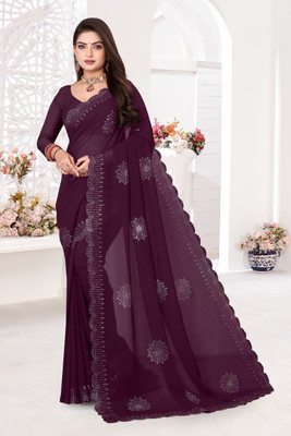 Tejanient Self Design Assam Silk Georgette Saree(Purple)