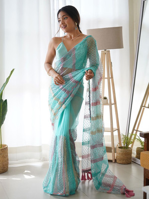 ANOUK Embellished Bollywood Net Saree(Blue)