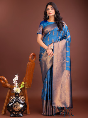 Tasrika Woven Kanjivaram Cotton Silk Saree(Blue)