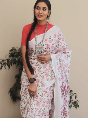 ASHTA Floral Print Kanjivaram Linen Saree(Red)