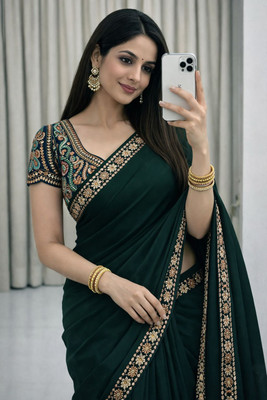 Sanvi Fashion Embroidered, Solid/Plain Bollywood Art Silk Saree(Green)