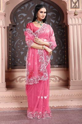 ViTRAG Fashion Embroidered Daily Wear Net Saree(Pink)