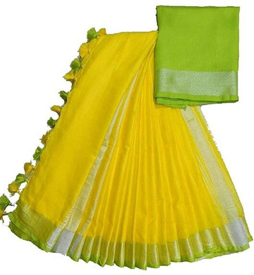 WEAVE TRENDS Solid/Plain, Self Design, Woven Bhagalpuri Handloom Cotton Linen Saree(Yellow)