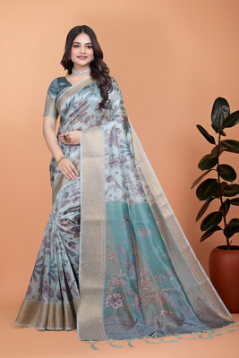 TRINETRA STUDIO Floral Print, Woven Bollywood Silk Blend Saree(Light Blue, Green)