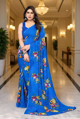 SmittenSmit Printed Bollywood Georgette Saree(Blue)