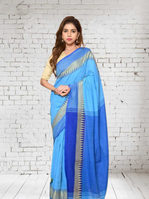 GOURAB HANDLOOM Self Design Handloom Cotton Blend Saree(Light Blue)