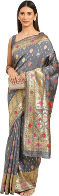 Akhilam Embroidered Banarasi Silk Blend Saree(Grey)