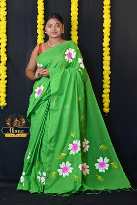 Ahana Textile Floral Print Handloom Cotton Blend Saree(Dark Green)