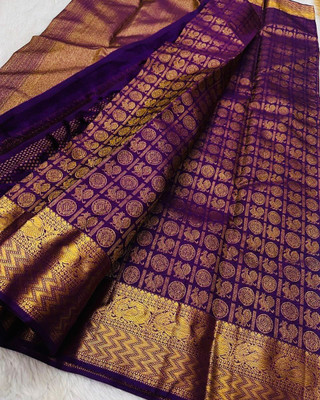 MIRMAN Striped Banarasi Pure Silk Saree(Purple)