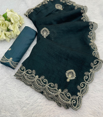 Ethina Fashion Embroidered Bollywood Jimmy choo Saree(Dark Blue)