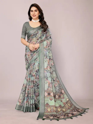 Shree Ganesh Floral Print Bollywood Cotton Linen Saree(Multicolor)