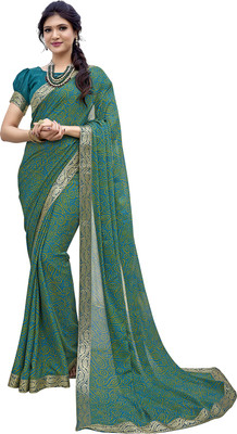Priyashi Printed Bandhani Georgette, Lace Saree(Blue)