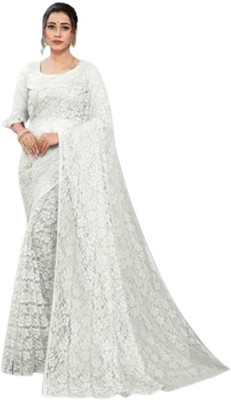 Pranav Floral Print Bollywood Cotton Silk Saree(White)