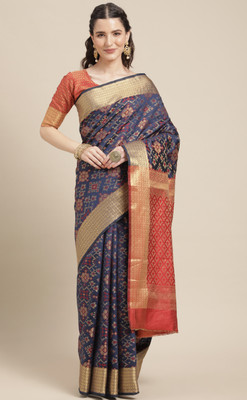 Divastri Checkered Patola Silk Blend Saree(Dark Blue)