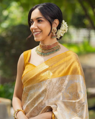 SHOPDROP Self Design Kanjivaram Pure Silk Saree(Grey, Yellow)